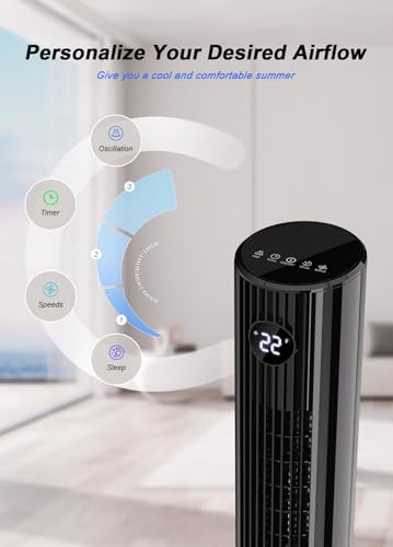 Bladeless 85° Oscillating Tower Fan for Bedroom and Home Office, 3 Speeds 3 Modes, 12H Timer, Remote Control, Touch LED