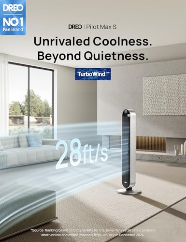 Dreo Tower Fan for Bedroom 42 Inch 120° Oscillating Fan
Dreo Tower Fan for Bedroom 25dB Quiet DC Motor 28ft/s Velocity B