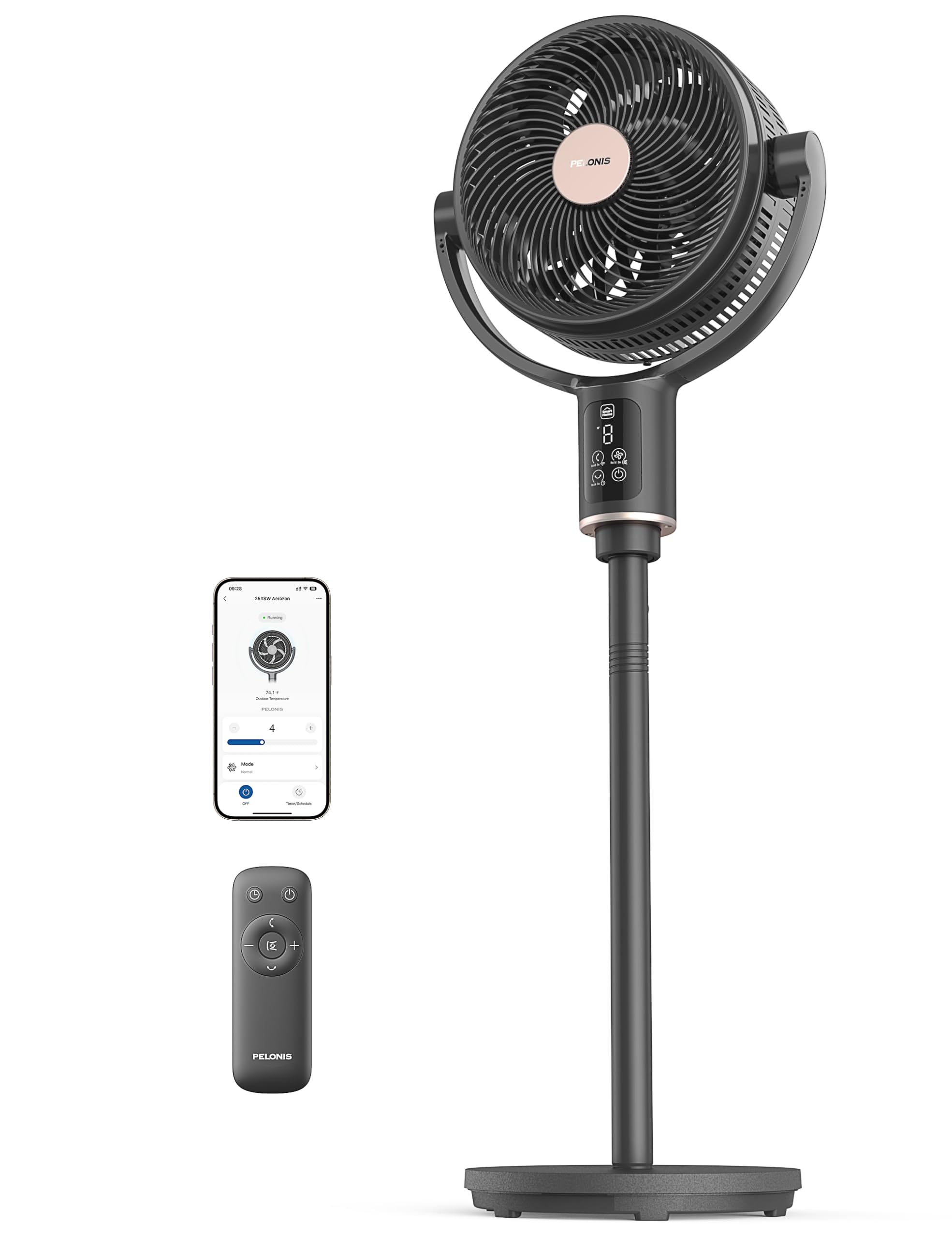 PELONIS Smart Pedestal Fan for Bedroom, App/Alexa/Google Control, 150° + 135° Auto OminiFlow, 20dB Quiet, 9 Speeds Fan